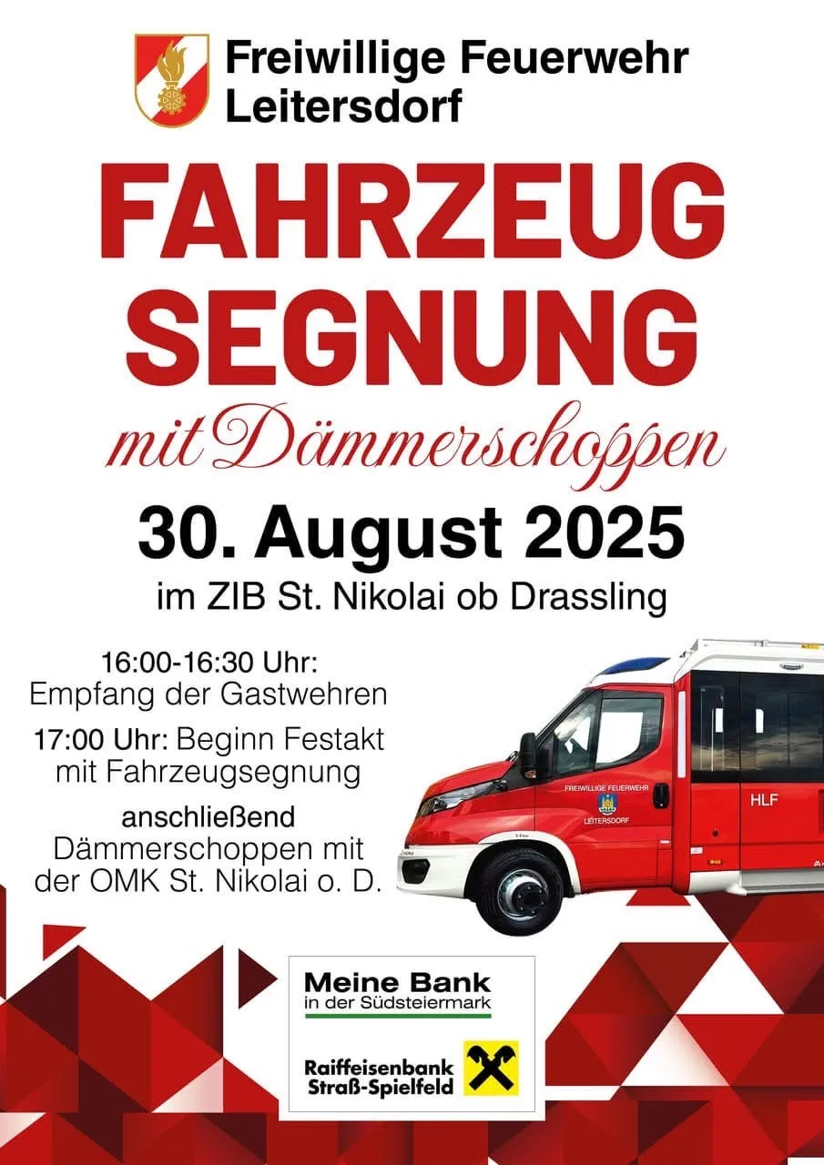 Plakat für Fahrzeugsegnung mit Dämmerungspendel am 30. August 2025 im ZIB St. Nikolai ob Draßling. Gästeempfang von 16:00-16:30 Uhr, gefolgt von einer Segenszeremonie mit Fahrzeugsegnung um 17:00 Uhr. Veranstaltung endet mit Dämmerungspendel der OMK St. Nikolai o. D.