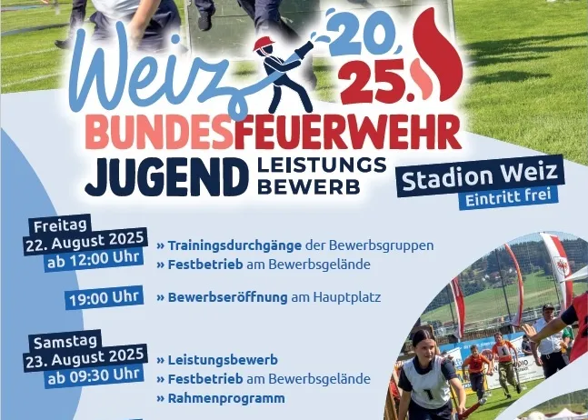 Plakat für die Weiz 2025 Bundesjugendfeuerwehrveranstaltung. Beinhaltet Trainingssitzungen, Feuerwehrwettbewerbe und eine Eröffnungsfeier auf dem Hauptplatz. Geplant für den 22. und 23. August 2025. Freier Eintritt.