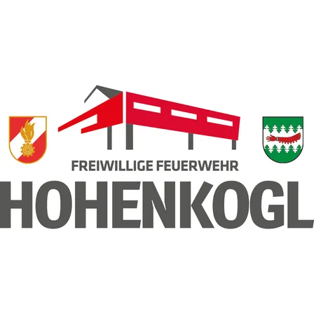 Das Logo der Freiwilligen Feuerwehr Hohenkogl zeigt ein rotes Gebäude, einen Schild mit Feuer und Rad sowie einen grünen Schild mit Bäumen.