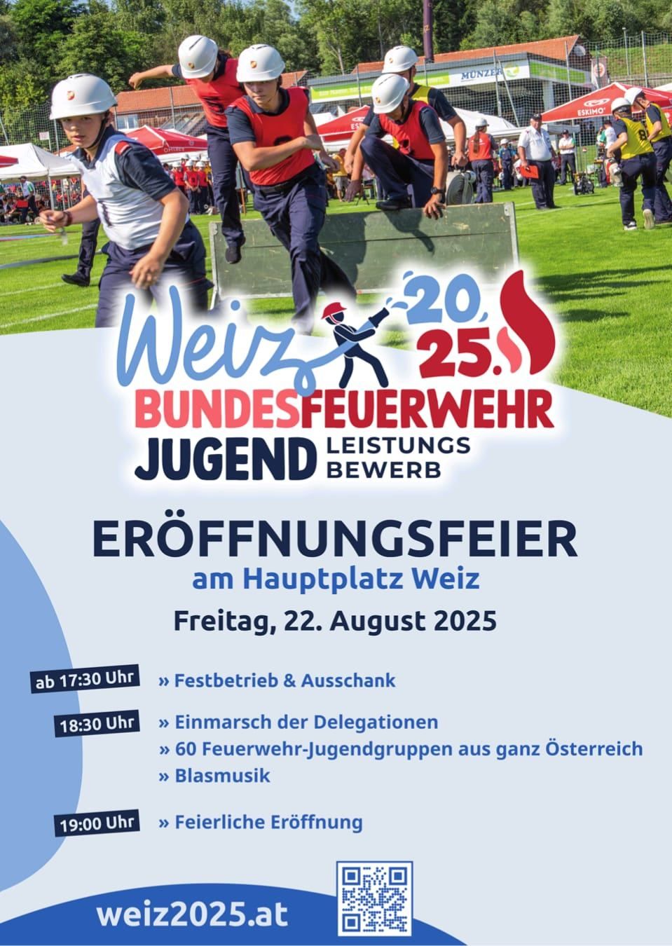 Plakat für die Eröffnungsfeier des Bundesfeuerwehr Jugend Leistungsbewerbs am 22. August 2025 mit Feuerwehrjugendaktivitäten und Parade.