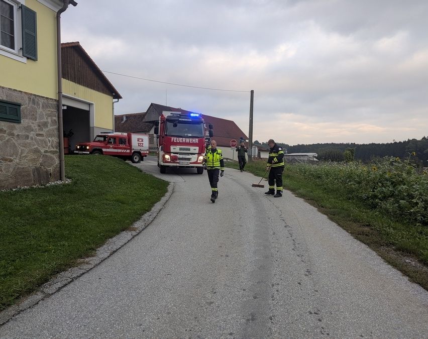 Ein Feuerwehrauto steht am Straßenrand, Feuerwehrleute sind beim Aufräumen. Ein anderes Feuerwehrauto verlässt die Garage.