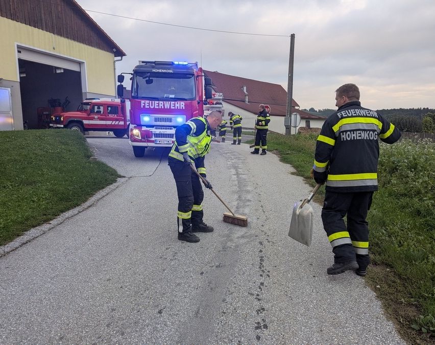 Feuerwehrleute reinigen die Straße mit einem Besen und einer Schaufel. Im Hintergrund steht ein roter Feuerwehrwagen.