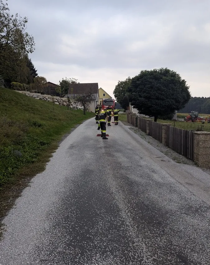 Ein Feuerwehrfahrzeug steht auf einer Straße, und ein paar Feuerwehrleute stehen in der Nähe, möglicherweise als Reaktion auf einen Vorfall.