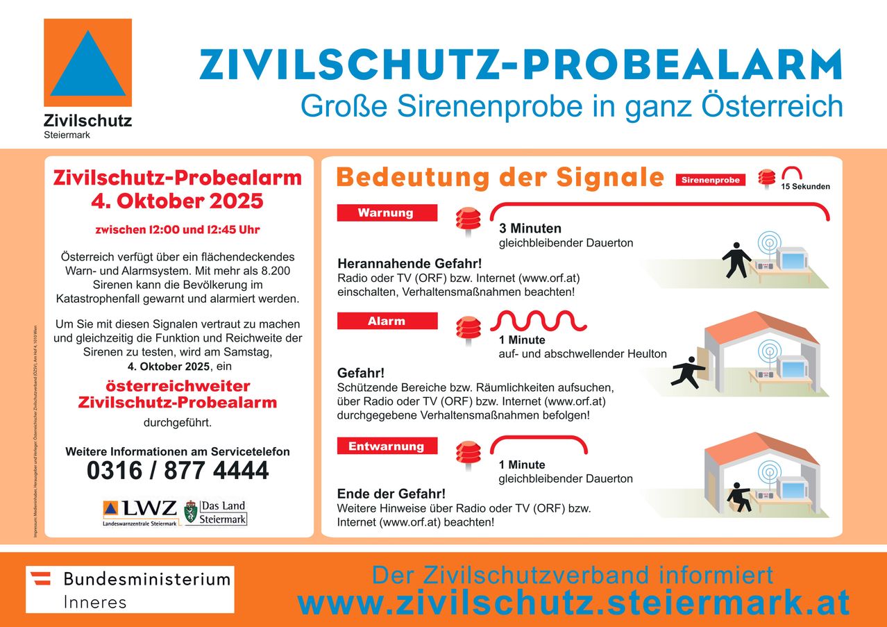 Plakat für eine Zivilschutz-Probealarmierung, die vor einer großen Sirenenprobe in ganz Österreich im Oktober 2025 warnt. Es enthält Signalbedeutungen und Anweisungen für die Öffentlichkeit.