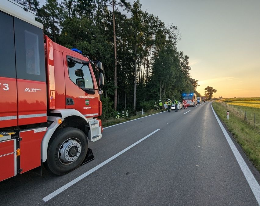 Ein roter Feuerwehrwagen steht am Straßenrand mit Einsatzkräften. Bäume säumen die Straße, und der Himmel zeigt Farben des Sonnenuntergangs.