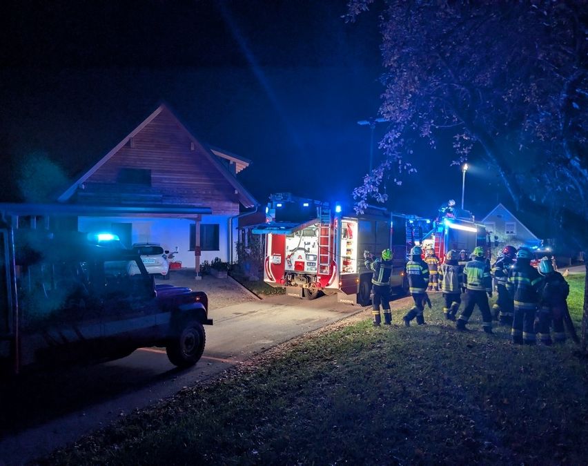 Feuerwehrleute versammeln sich um einen Feuerwehrwagen vor einem Haus in der Nacht. Das Haus ist beleuchtet, und ein Auto ist draußen geparkt.