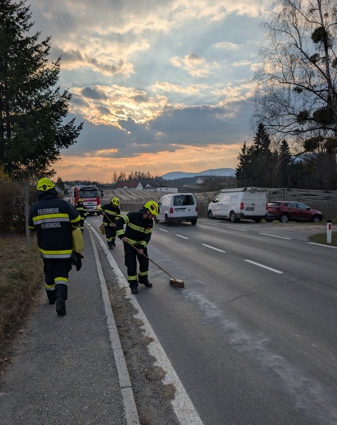 Feuerwehrleute in gelben Uniformen reinigen die Straße. Ein Feuerwehrwagen und Lieferwagen sind geparkt. Bäume und Berge im Hintergrund.