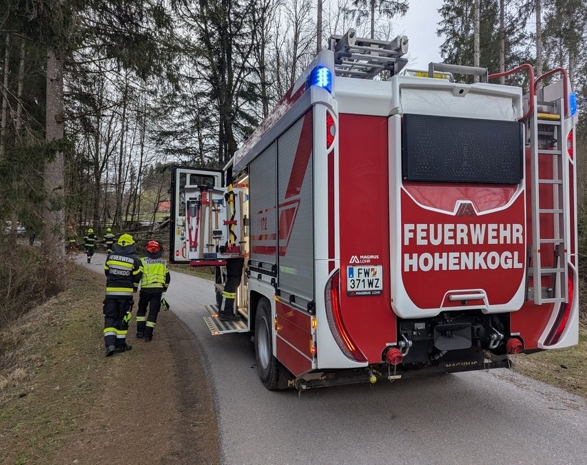 Ein roter Feuerwehrwagen ist am Straßenrand geparkt, mit Feuerwehrleuten um ihn herum. Der Wagen hat eine Leiter an der Seite.