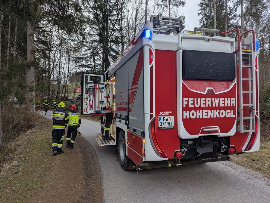 Ein roter Feuerwehrwagen ist am Straßenrand geparkt, mit Feuerwehrleuten um ihn herum. Der Wagen hat eine Leiter an der Seite.