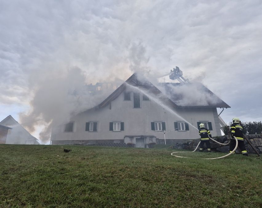 Feuerwehrleute löschen einen Hausbrand an einem bewölkten Tag. Rauch steigt vom Dach auf.