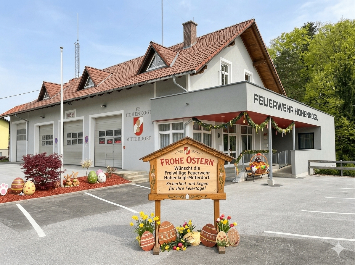 Ein weißes Gebäude mit rotem Dach und der Beschilderung 'Feuerwehr Hohenkogl-Mitterdorf'. Ein hölzernes Schild mit der Aufschrift 'Frohe Ostern' steht vor dem Gebäude. Osterdekorationen, einschließlich Eiern, sind vor dem Gebäude platziert.