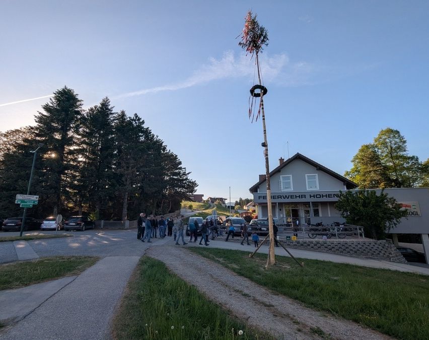 Ein Maibaum steht auf einem Rasen vor einem Gebäude mit geparkten Fahrzeugen und Menschen, die herumlaufen.