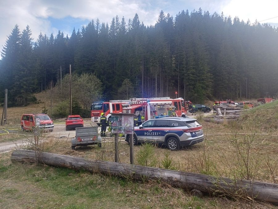 Einsatzfahrzeuge, darunter ein Polizei-SUV, sind auf einer unbefestigten Straße mit bewaldetem Hintergrund geparkt. Eine Person mit gelbem Helm steht neben einem Feuerwehrwagen.