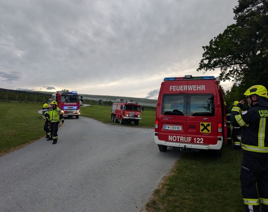 Several firefighters in yellow uniforms are standing on a path with a red fire truck in the background. The sky is cloudy.