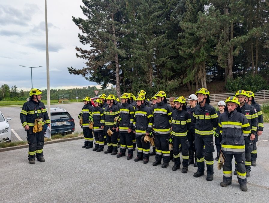 A group of firefighters in uniform stand in a line in a parking lot with trees and a car in the background.