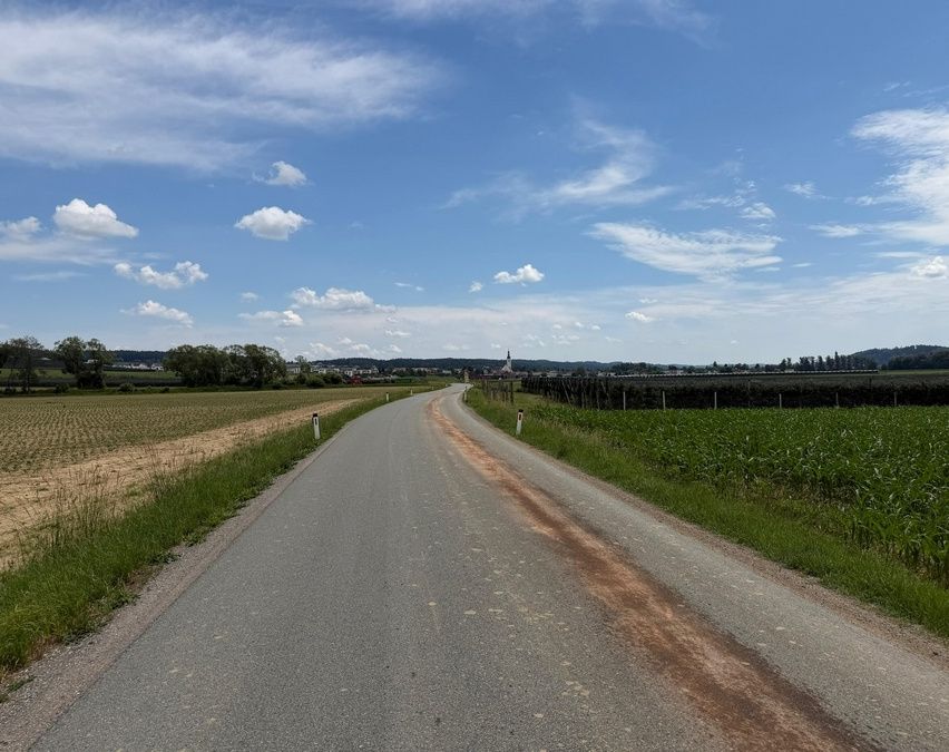 Eine leere Straße umgeben von grünen Feldern und Bäumen unter einem blauen Himmel mit verstreuten Wolken.