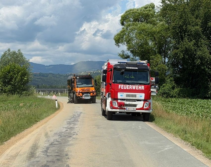 Zwei Feuerwehrfahrzeuge fahren auf einer Landstraße mit Gras und Bäumen auf beiden Seiten. Ein LKW ist rot mit dem Wort Feuerwehr auf der Front.