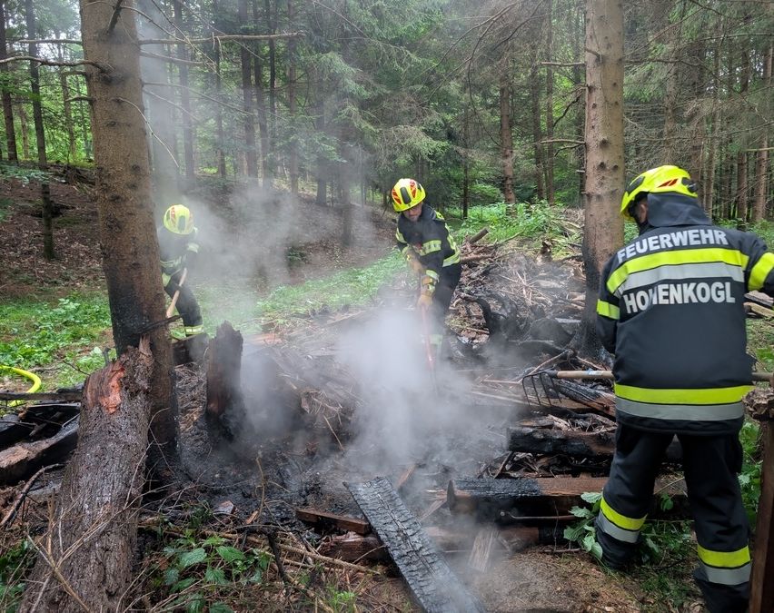 Drei Feuerwehrleute sind in einem Wald und löschen ein Feuer mit Werkzeug. Das Gebiet ist von Bäumen umgeben, und Rauch kommt aus dem Feuer.