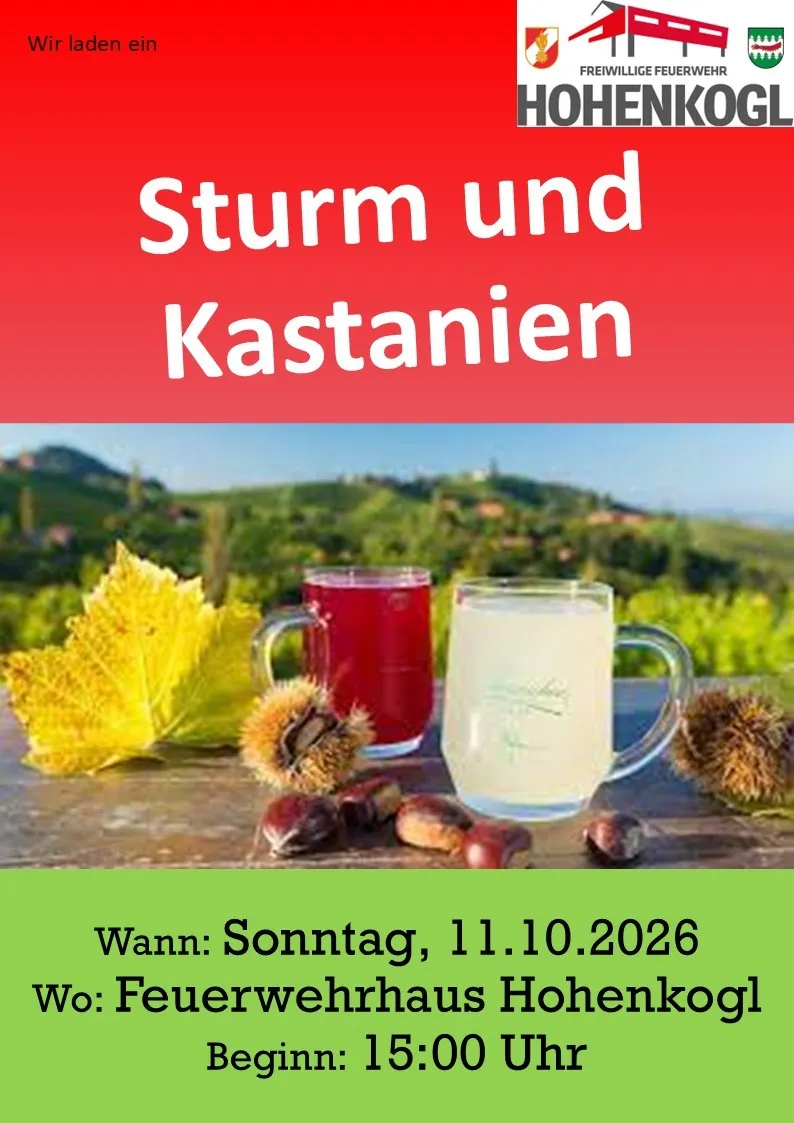 Ein Plakat für eine Veranstaltung namens 'Sturm und Kastanien' mit rotem Hintergrund und grünem Boden. Es zeigt zwei Tassen mit Getränken, eine rot und eine weiß, sowie verschiedene Nüsse und Blätter.