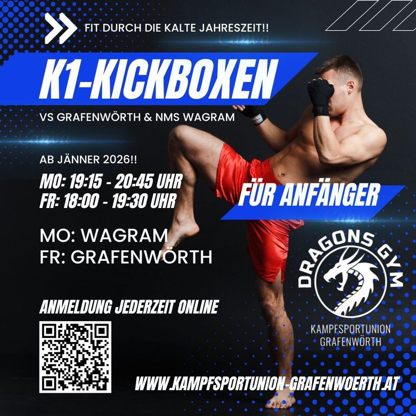 Plakat für K1-Kickbox-Veranstaltung, zeigt einen Mann in Aktion. Details umfassen Daten, Zeiten und Orte. Anmeldung online möglich. Enthält einen QR-Code für einfachen Zugang.