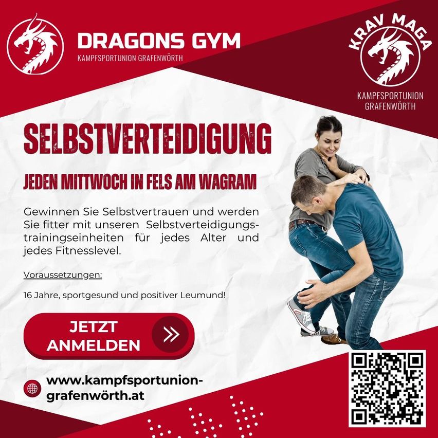 Eine Werbung für Dragons Gym bietet Selbstverteidigungskurse jeden Mittwoch in Felds am Wagra an. Das Poster zeigt einen Mann und eine Frau, die Kampfsport üben, mit einem Drachenlogo und QR-Code der Website.