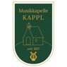 Logo der Musikkapelle Kappl mit einer Kirchenillustration und den Jahren 'seit 1817'. Das Design ist auf einem grünen Hintergrund mit goldenem Rand gesetzt.
