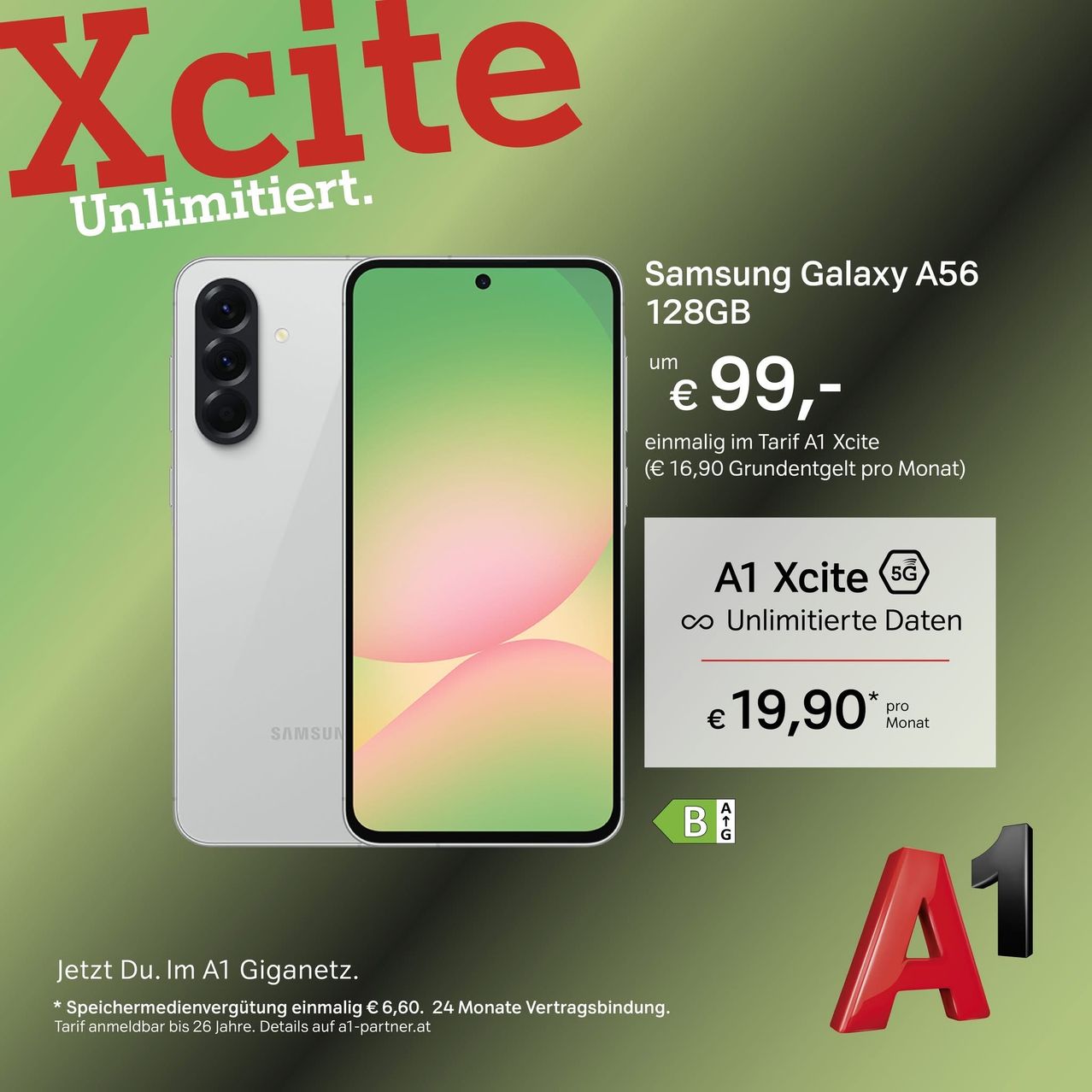 Advertisement for Samsung Galaxy A56 128GB phone with unlimited data on A1 Xcite plan. Priced at 99 Euros, with a storage fee of 16.90 Euros per month.