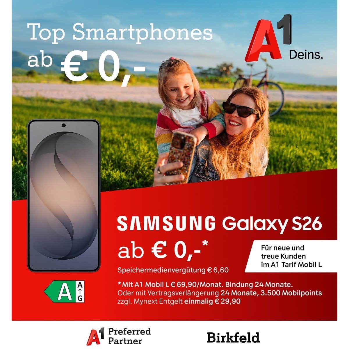 An advertisement for A1 mobile phones shows a woman and a child holding a Samsung Galaxy S26 phone. The ad highlights the offer of the phone for 0 euros with a contract.