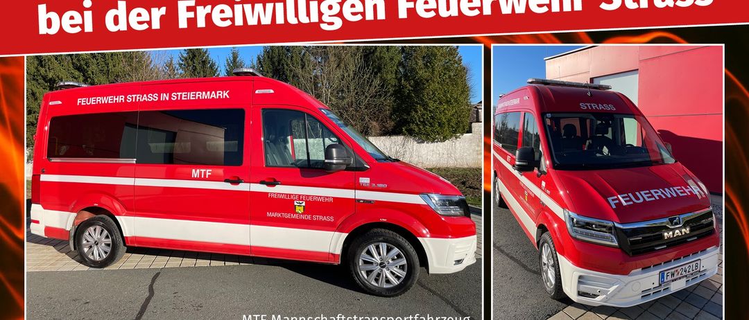 Ein Plakat für die 'Feuerlöscher-Überprüfung' am 1. Mai 2025. Es zeigt zwei Bilder von Feuerwehrwagen und einen Zeitplan für die Aktivitäten des Tages.