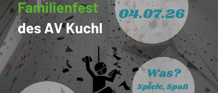 Reservieren Sie den Termin: Familienfest des AV Kuchl am 04.07.26. Kletterspaß, Spiele und Entspannung. Ort: Kletterturm Kuchl. Veranstalter: Alpenverein.