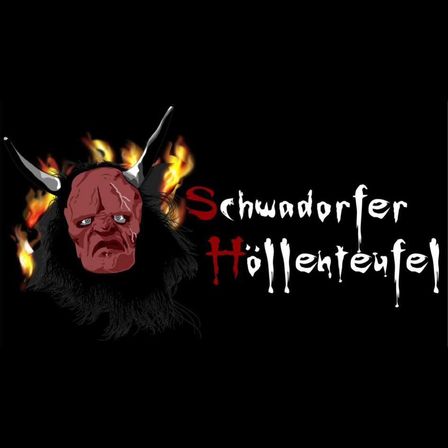 Ein dämonisches Gesicht mit Hörnern auf Feuerhintergrund mit dem Text Schuadorfer Hollenteufel in weißer Schrift.