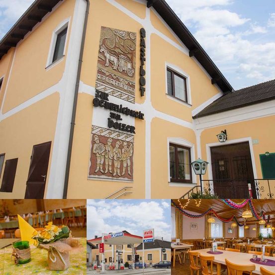 Eine Collage von Bildern zeigt ein gelbes Gebäude mit einem Wandbild, einem Restaurant-Interieur und einer Tankstelle. Das Gebäude trägt die Worte 'zur Schmiedlicheit am Dolzer' an der Seite.