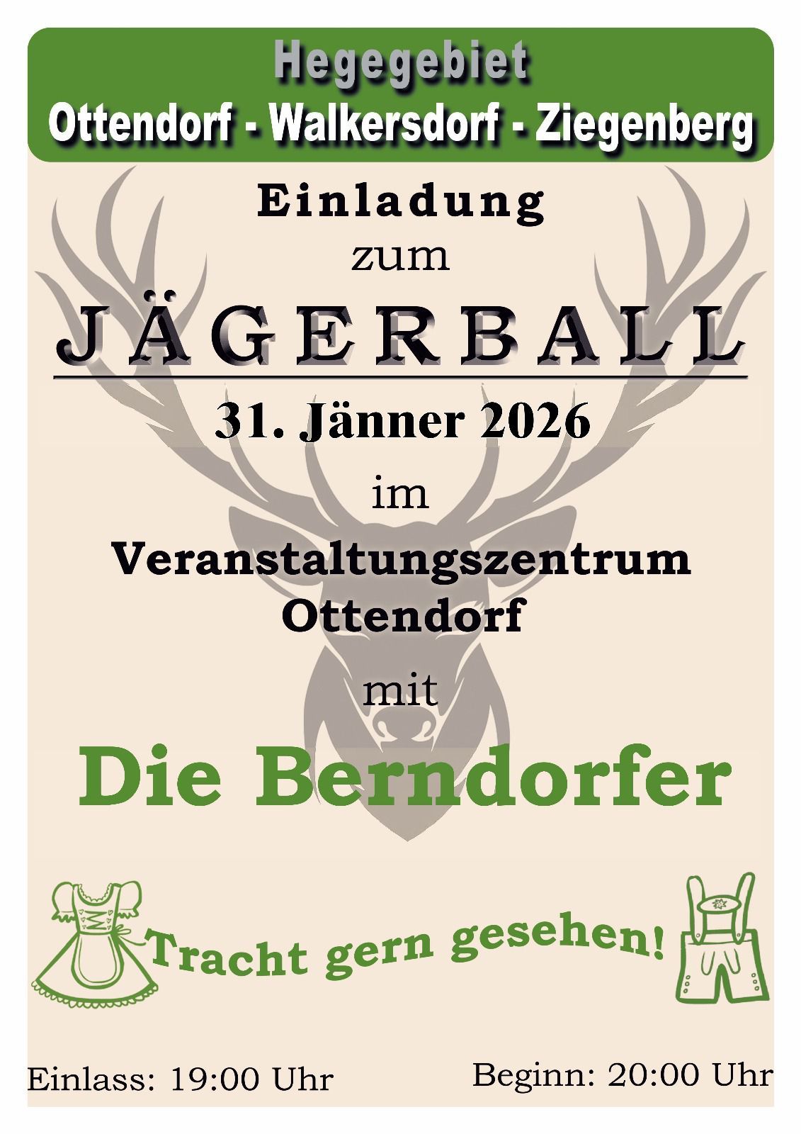 Einladung zum Jägerball am 31. Januar 2026 im Veranstaltungszentrum Otterndorf mit Die Berndorfer. Wir freuen uns auf Ihren Besuch!