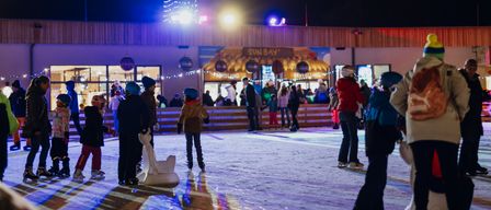 Eine Gruppe von Menschen eisläuft bei Nacht auf einer Eisbahn, einige stehen und andere rollen. Hinter ihnen befindet sich ein Gebäude mit einem Weihnachtsbaum und Lichtern.