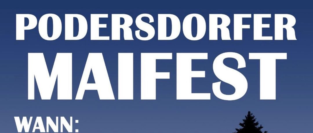 Ein Plakat für das Maifest-Event, geplant für Donnerstag, 30. April 2026, ab 16:00 Uhr. Highlights sind Maibaumburschen Jg. 2008, Live-Musik, Pudersdorfer Goaßlklescher, Speisen und Getränke.