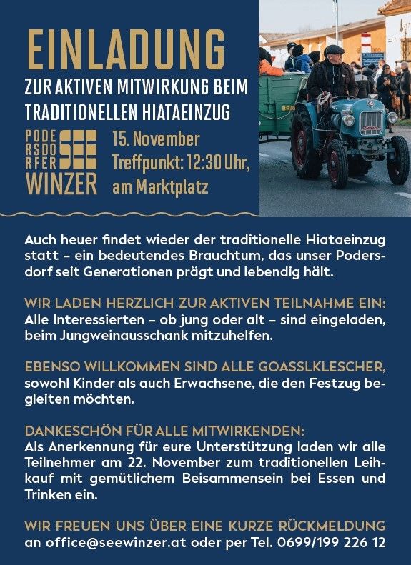 Plakat für das traditionelle Erntedankfest in Winzer. Die Veranstaltung findet am 15. November um 12:30 Uhr auf dem Marktplatz statt. Alle Interessierten sind eingeladen, am Jungweinaustausch teilzunehmen. Pferdekutschen sind ebenfalls willkommen. Die Anerkennung für alle Teilnehmer erfolgt am 22. November mit einem traditionellen Brotverkauf und einem Treffen bei Essen und Getränken.