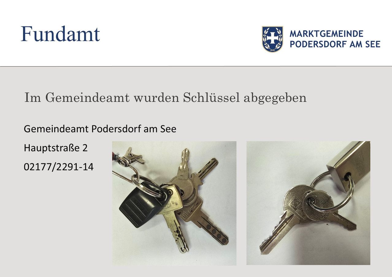 Das Rathaus von Podersdorf teilt mit, dass Schlüssel abgegeben wurden. Ein Schlüsselbund wurde in Podersdorf am See gefunden. Adresse: Straße 2, 2291-14.