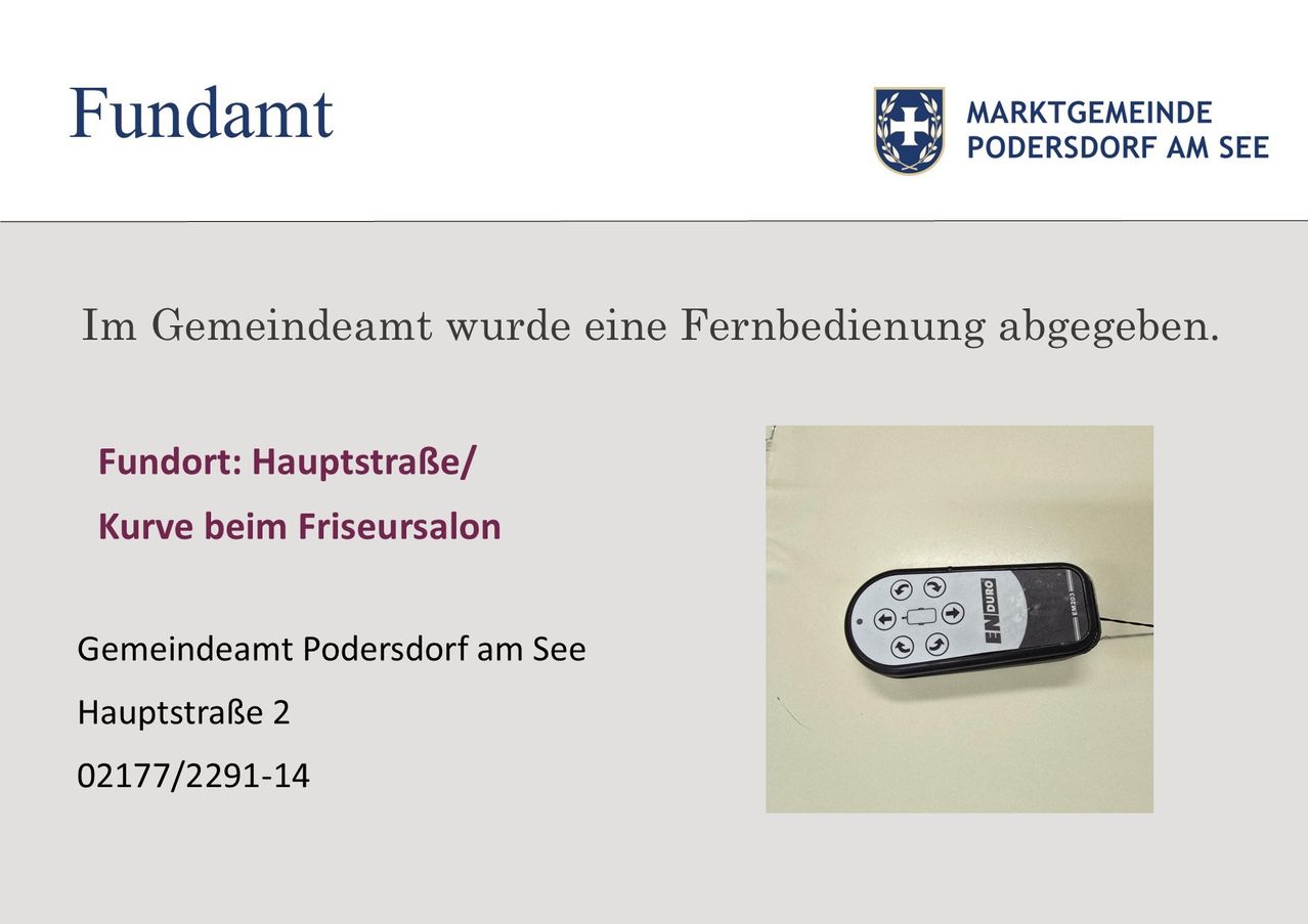 Eine Werbung für Podersdorf zeigt eine Fernbedienung. Die Adresse ist Hauptstraße beim Friseur.