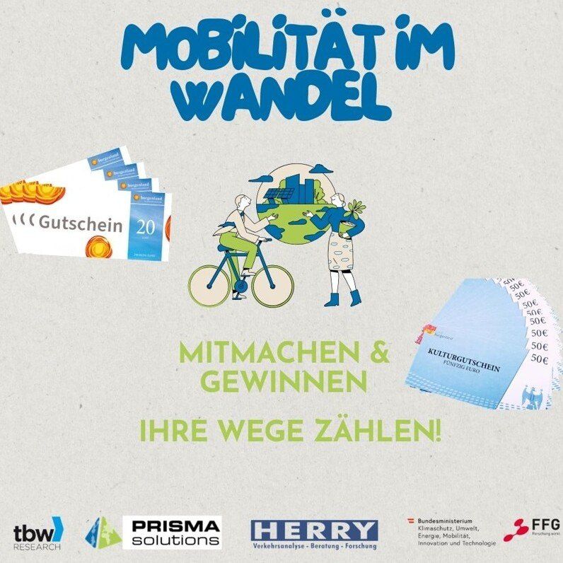 Poster zeigt Menschen, die Fahrräder fahren, einen Globus halten und Gutscheine halten. Text: Mobilität im Wandel, Mitmachen & Gewinnen, Ihre Wege zahlen!