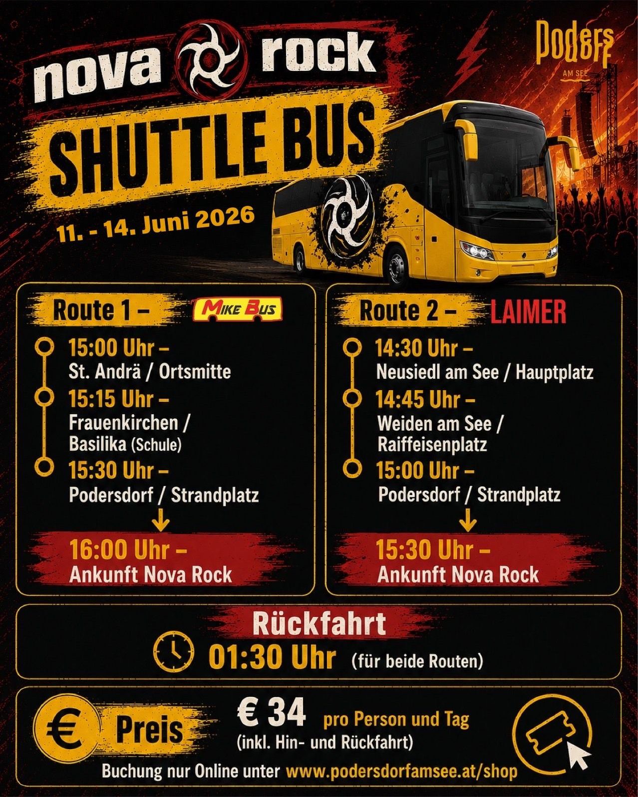 Shuttle-Bus-Ankündigung für den 11. bis 14. Juni 2026. Route 1 beginnt um 15:00 Uhr und kommt um 16:00 Uhr in Nova Rock an. Route 2 beginnt um 14:30 Uhr und kommt um 15:30 Uhr in Nova Rock an. Rückfahrt ist um 01:30 Uhr. Der Preis beträgt 34 Euro pro Person und Tag.