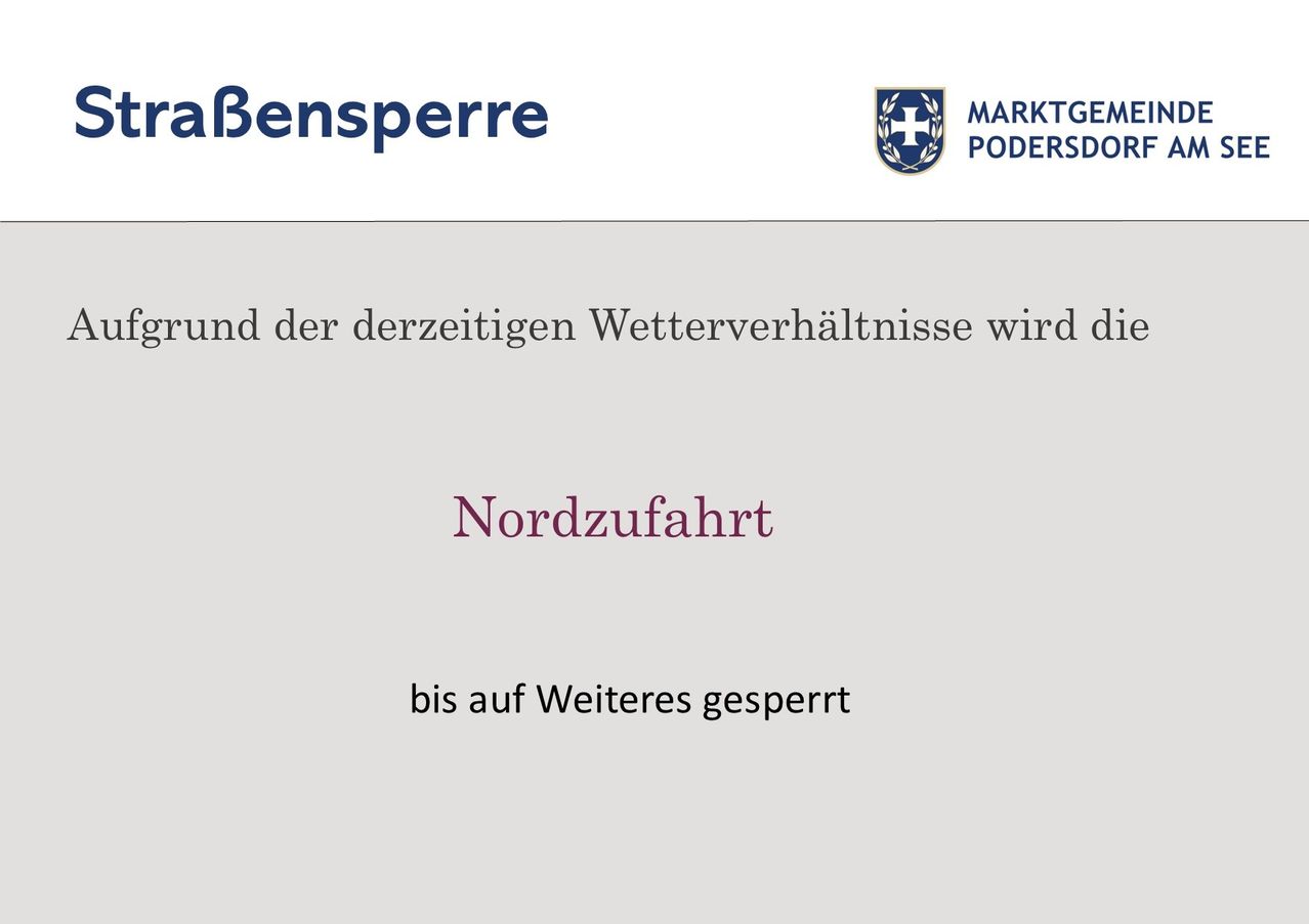 Ein Schild für Bensperre in Podersdorf mit einer Wettervorhersage, dass die Nordroute bis auf Weiteres gesperrt ist.