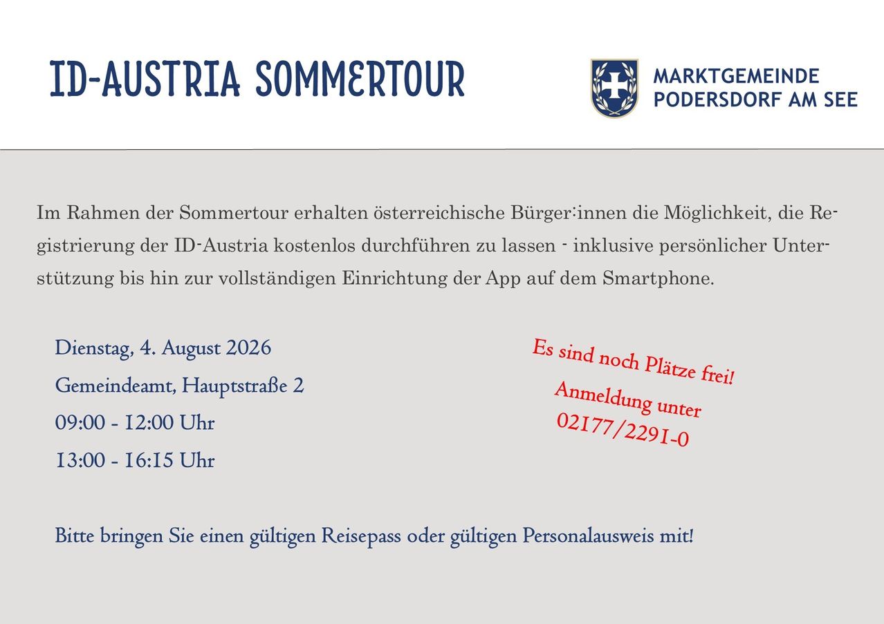 Plakat für die Austria Sommertour Veranstaltung am 4. August 2026, die österreichische Bürgerinnen und Bürger einlädt, die ID-Austria App auf ihren Smartphones kostenlos einzurichten. Anmeldung unter Hauptstraße 2, offen bis 12:00 und 16:15 Uhr. Gültiger Reisepass oder Personalausweis erforderlich.