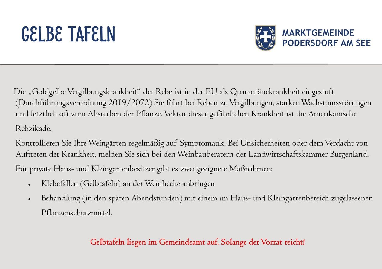 Ein offizielles Dokument der Europäischen Union über die Quarantänekrankheit der Weinreben. Es bietet Informationen zu Symptomen, Prävention und verfügbaren gelben Klebefallen im Gemeindebüro.