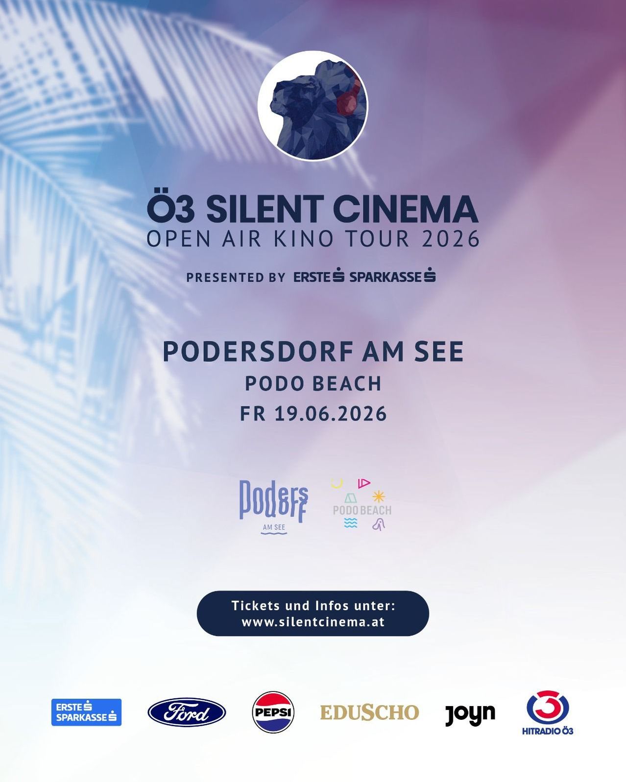 Silent Cinema Open Air Kino Tour 2026 in Podersdorf am See am Podo Beach am 19. Juni 2026. Präsentiert von Erste Sparkasse. Besuchen Sie www.silentcinema.at für Tickets.