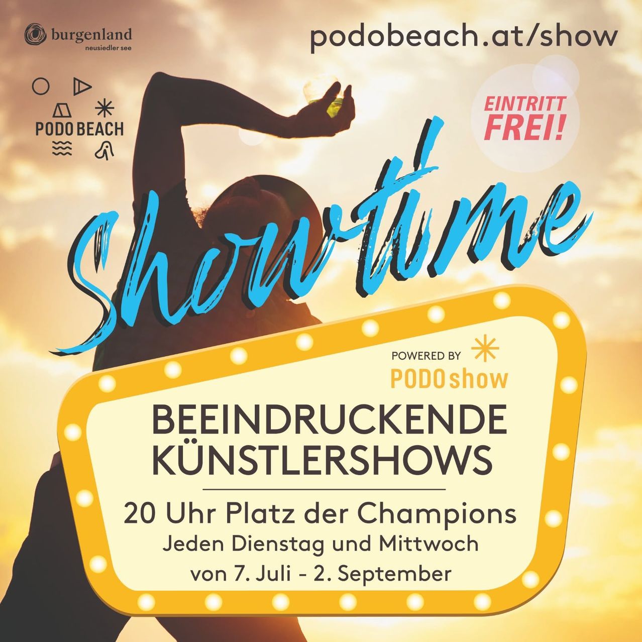 Werbeplakat für Short Time mit einer Silhouette einer Person mit erhobenen Armen vor einem Sonnenuntergang. Es enthält Details für den freien Eintritt und stellt Podo Beach vor.
