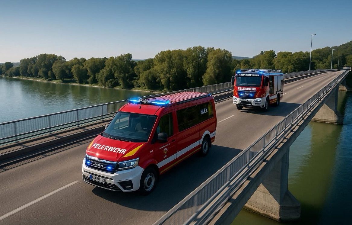 Zwei rote Rettungswagen fahren auf einer Brücke über einen Fluss mit Bäumen im Hintergrund.