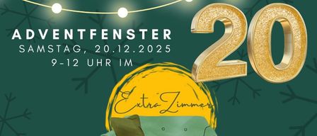Werbeplakat für Adventwochenende-Event am 20. Dezember 2025 von 9-12 Uhr. Zeigt eine grüne Couch mit Kissen, Schneeflocken und goldener 20 auf grünem Hintergrund. Beinhaltet Last-Minute-Geschenke, Foto-Weihnachtsgrüße, Punsch und Süßes. Adresse: 8321 St. Margarethen 81.