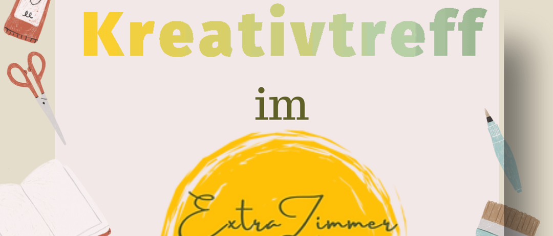 Ein Bild eines Plakats für Kreativtreff im Extra Zimmer mit einer grünen Couch, einem Kissen und Werkzeugen rund um das Plakat.