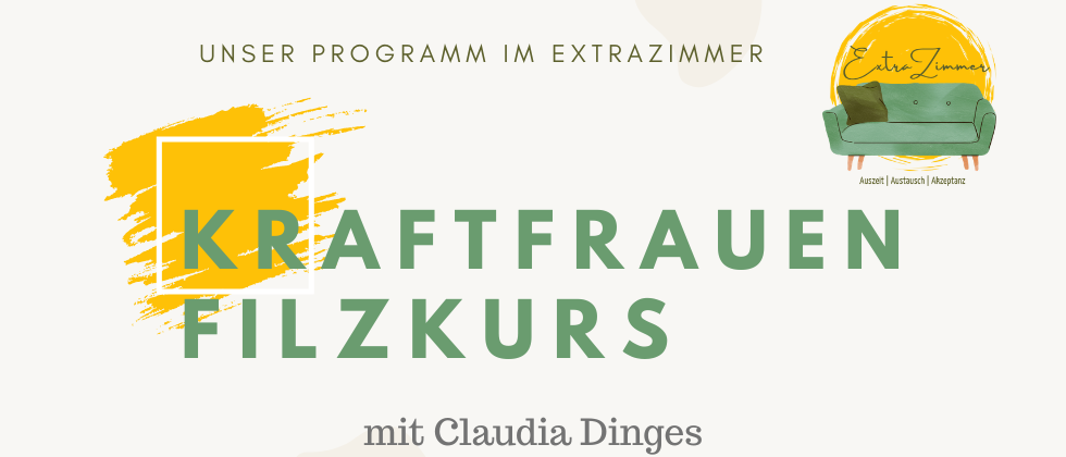 Eine Werbung für Kraftfrauen Filzkurs, ein Extra-Sommerprogramm von Claudia Dinges, mit einer Couch und einem Kissen.