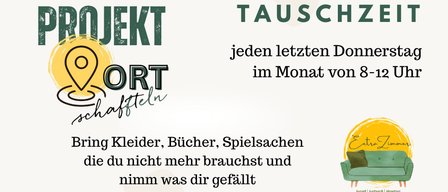 Projekt Tauschzeit Logo. Bringe Kleidung, Bücher, Spielzeug, die du nicht mehr brauchst und nimm, was dir gefällt. Jeden letzten Donnerstag im Monat von 8-12 Uhr.